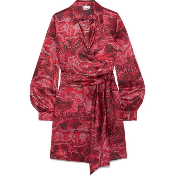 GANNI Silk Stretch Satin Mini Dress Belted Printed Wrap Size 42EU Red - Picture 2 of 10